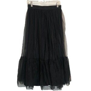 TCEC Black Tulle Lined MIDI Skirt Ruffled Bottom Fitted Waistband Sz M 28”